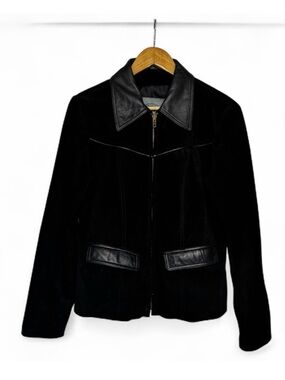 Vintage Leather Passport Black Suede & Leather Zip Jacket | Women’s Large | Y2K